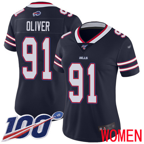Women Buffalo Bills 91 Ed Oliver Limited Navy Blue Inverted Legend 100th Season NFL Jersey